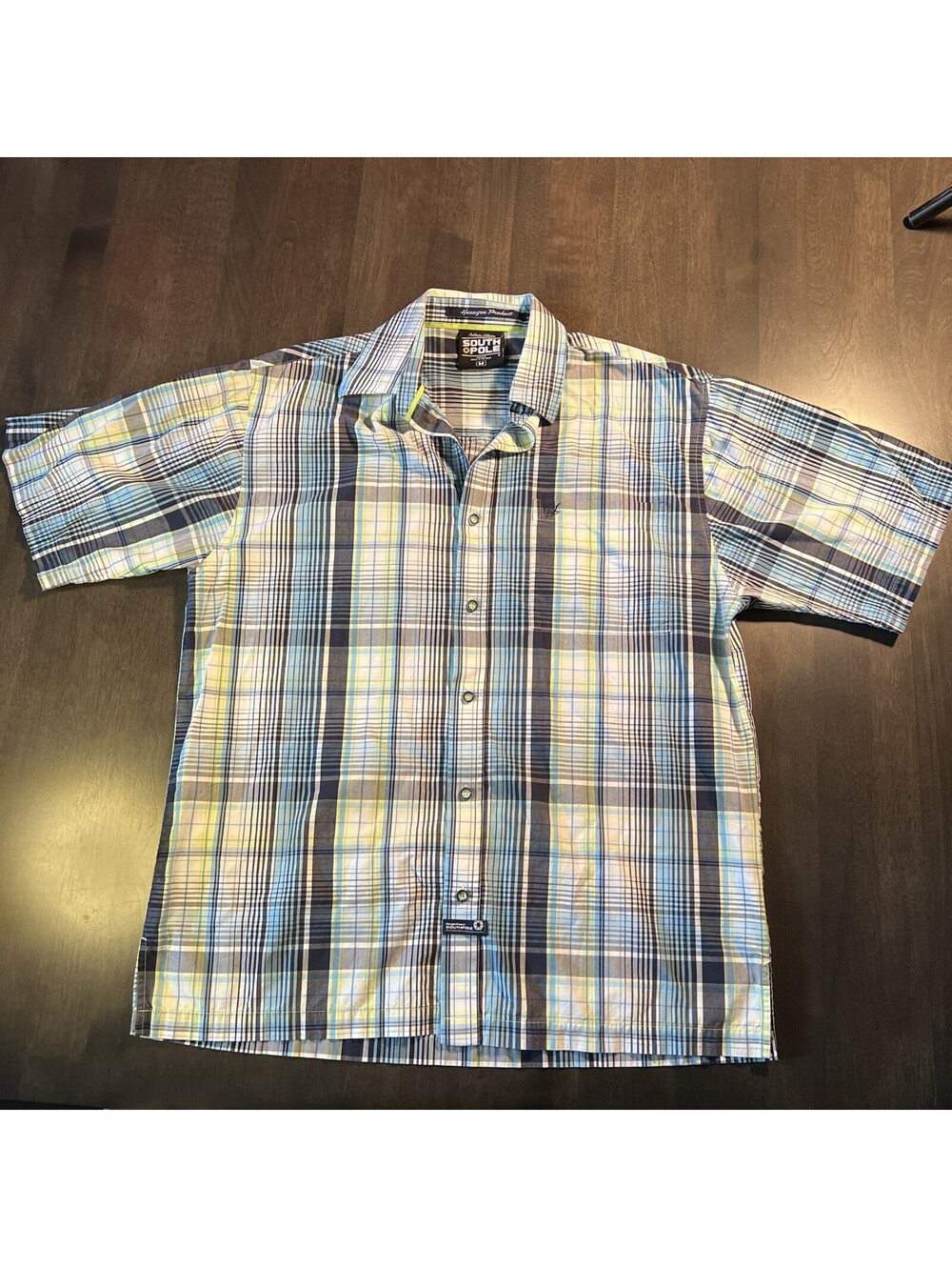 Vintage Mens Southpole Shirt Blue Yellow Plaid Pocket Logo Streetwear Y2k Size M